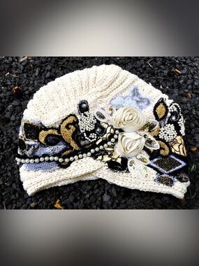One of a kind Cream Knit Beanie Hat with Pearls and Floral Appliqués